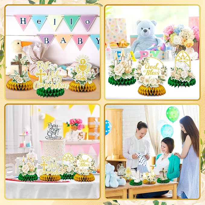 JULMELON 8PCS First Communion Decorations Baptism Honeycomb Centerpieces, God Bless First Holy Communion Table Decorations Baptism Centerpieces for Tables 1st Communion Party Supplies
