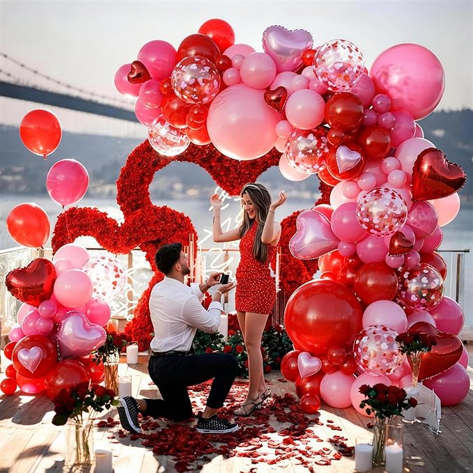 Valentine's Day Balloons Garland Arch Kit, 127Pcs Pink Red Rose Red Balloon with Red Pink Heart Foil Balloon for Valentine's Day Galentines Mother's Day Wedding Engagement Anniversary Party Decoration