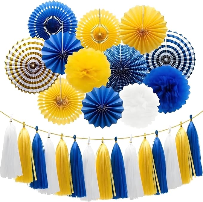 Yellow White & Blue Paper Tassels Garland Banner - Handmade Tassel Decor for Party, Wedding Backdrop, DIY Crafts (30-Pack)