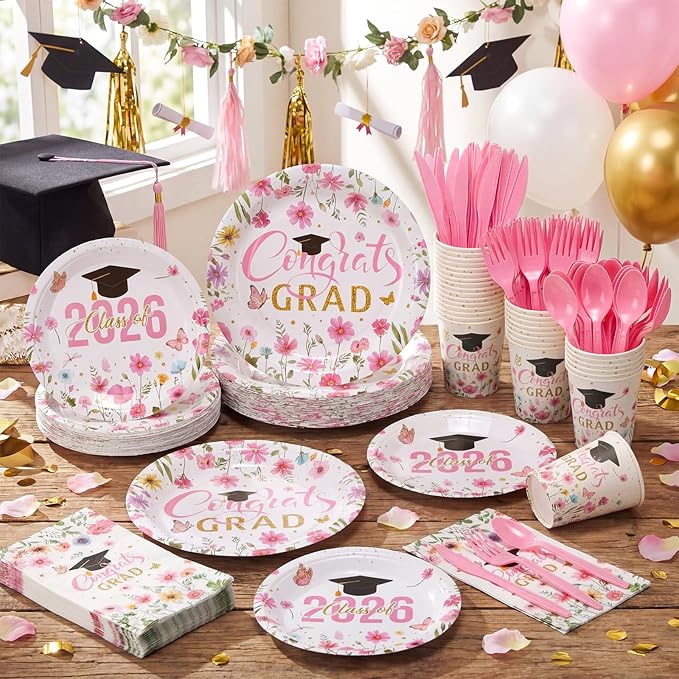 400 Pcs Class of 2026 Pink Floral Graduation Decorations for 50 Guests, Pink Gold Flower Graduation Paper Plates Napkins and Cups Cutlery Grad Tableware for 2026 Congrats Grad Party Supply