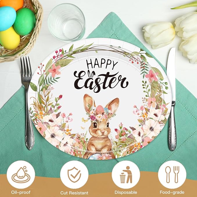 50Pcs Easter Plates, Large Disposable Oval Paper Plates, 10" X 12.5" Heavy Duty Party Food Plate, Happy Easter Plate Bunny Egg Flowers Tableware Dinnerware Set for Easter‘s Party Supplies