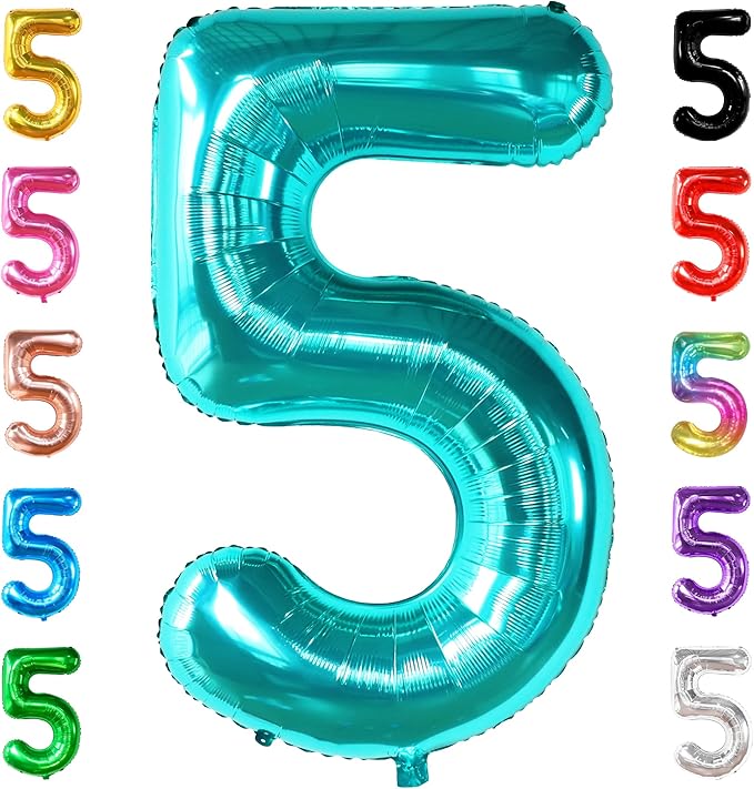 KatchOn Giant Aqua Blue Number 5 Balloon - 40 Inch | Teal 5 Balloon for Birthdays | 5th Birthday Decorations