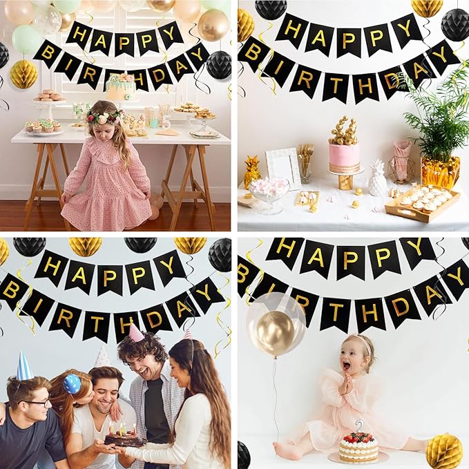 Gold and Black Birthday Decorations,Black and Gold Happy Birthday Banner,Gold Happy Birthday Decorations for Men,Women,Boys and Girls