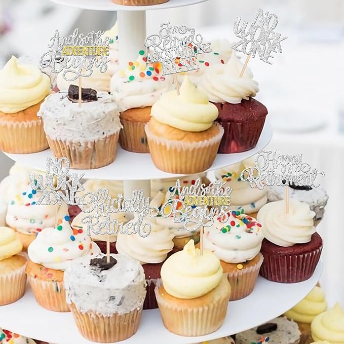 30 PCS Happy Retirement Cupcake Toppers Officially Retired No Work Zone Adventure Begins Cupcake Picks for Retirement Theme Farewell Birthday Party Cake Decorations Supplies Silver