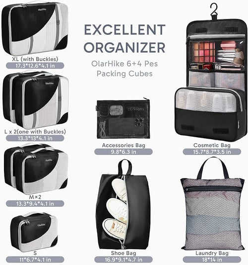 10 Set Packing Cubes for Travel, Gifts for Women Mom,Anti-Tearing Suitcase Organizer for Luggage with Shoe & Hanging Toiletry Bag,OlarHike Vacation Essentials & Accessories for Cruise Ship