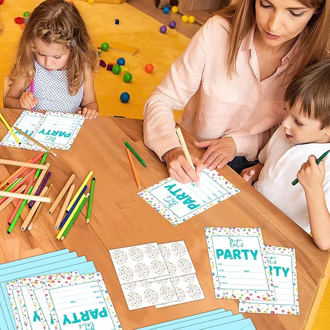 30 Pieces Confetti Birthday Invitations LET'S PARTY Watercolor Dot Invitation Set for Boys Girls Kids Birthday Invitations with Sticker Labels Envelopes Rainbow Polka Dot Party Supplies Decorations