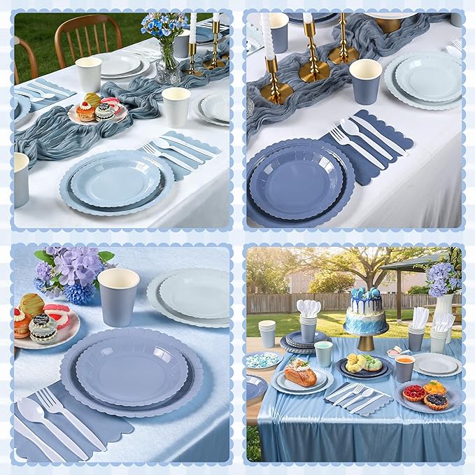 168 Pcs Dusty Blue Paper Plates and Napkins, Baby Blue Paper Plates Party Supplies for 24 Guests Include Gradient Scalloped Plates Paper Napkin Cup Knife Fork Spoon for Baby Shower, Wedding, Birthday
