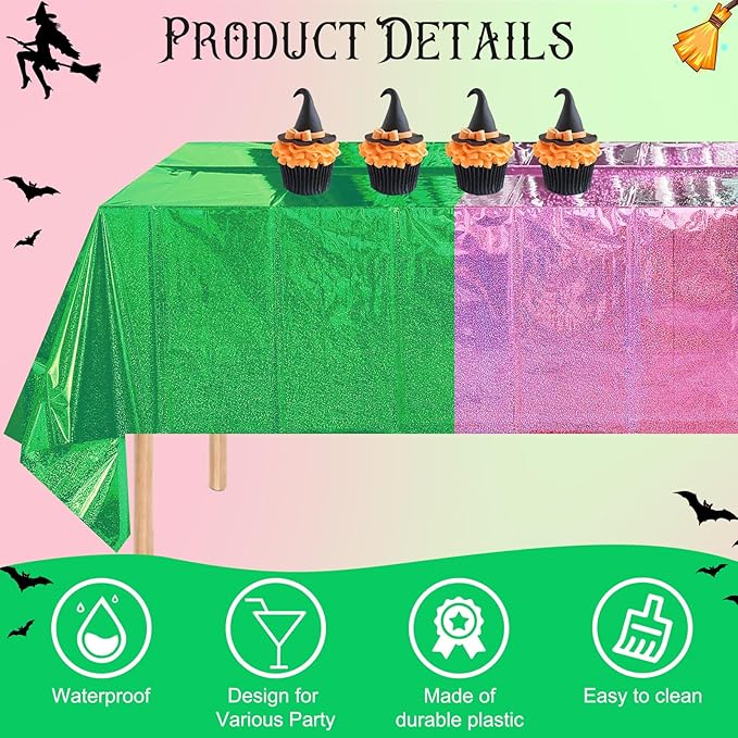 2 Pcs Iridescent Pink and Green Tablecloth Party Decorations, Holographic Foil Plastic Table Cloths for Rectangle Tables, Disposable Green and Pink Table Cover for Witch Theme Birthday Party Supplies