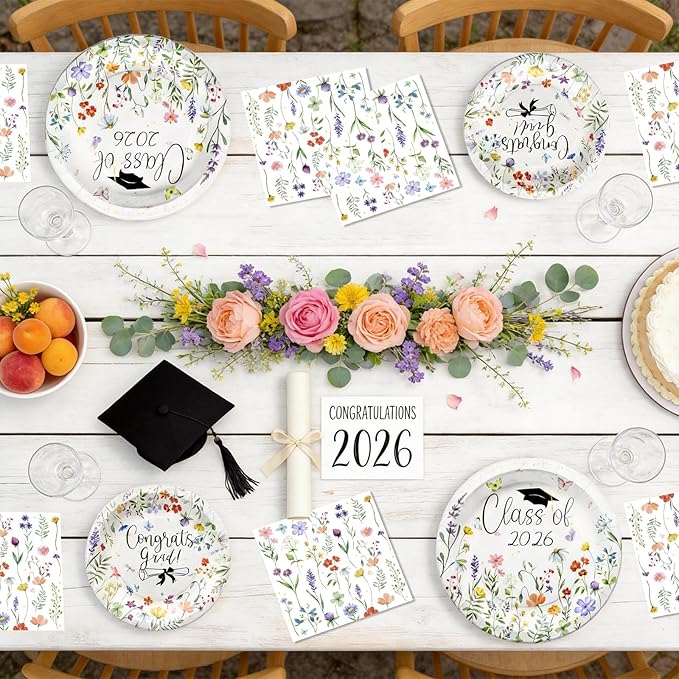 2026 Graduation Party Decoration Plates Set, Wildflower Graduation Disposable Paper Plates & Napkins, Class of 2026 Dessert Floral Dinnerware Set for Congrats Grad Spring Birthday Party Decor