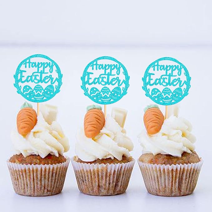 Ercadio 24Pcs Happy Easter Cupcake Toppers Glitter Blue Happy Easter Eggs Cupcake Picks for Easter Day Theme Baby Shower Easter Birthday Wedding Anniversary Party Cupcake Decorations