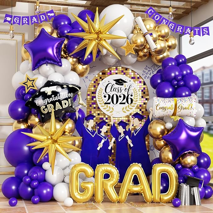 Purple Graduation Balloons Garland Arch Kit, 115 PCS Purple Gold White Graduation Star Print Certificate Grad Foil Balloons with Gold Explosion Star Balloon for Graduate Class of 2026 Prom Party Decor