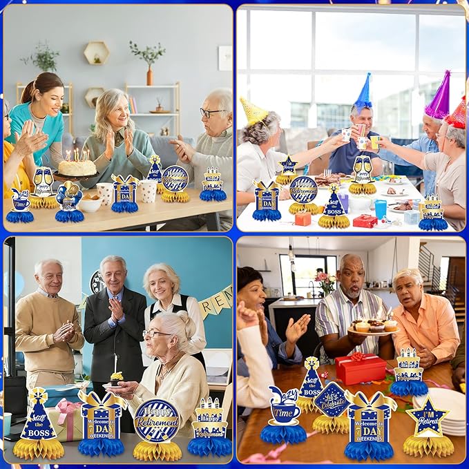 10 Pcs Retirement Party Decorations, Blue Gold Retirement Table Honeycomb Centerpieces Happy Retirement Table Topper for Men Women Happy Retirement Decorations for Party Supplies