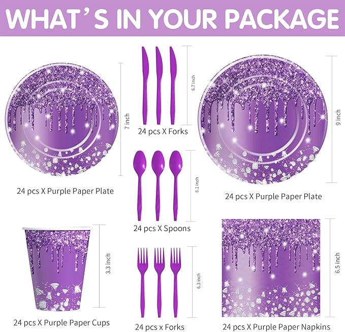 Purple Plates and Napkins Party Supplies - Decorations Tableware, Paper Plate, Napkin, Cup, Disposable Cutlery, Glitter Bridal Shower Birthday Table Decorations | Serve 24