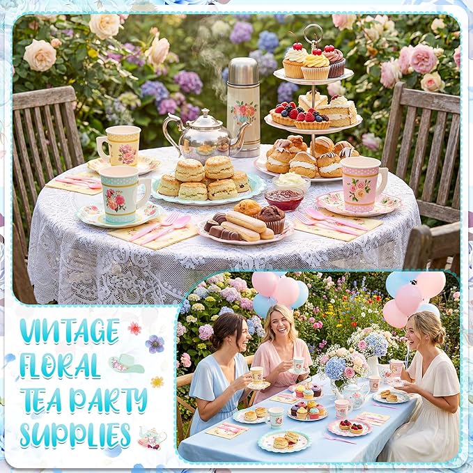 240 Pcs Tea Party Supplies 30 Guests Include Disposable Dinner Plates Dessert Plates Cups Saucers Napkins Knives Forks Spoons Floral Tea Party Tableware Set for Birthday Baby Shower Favors