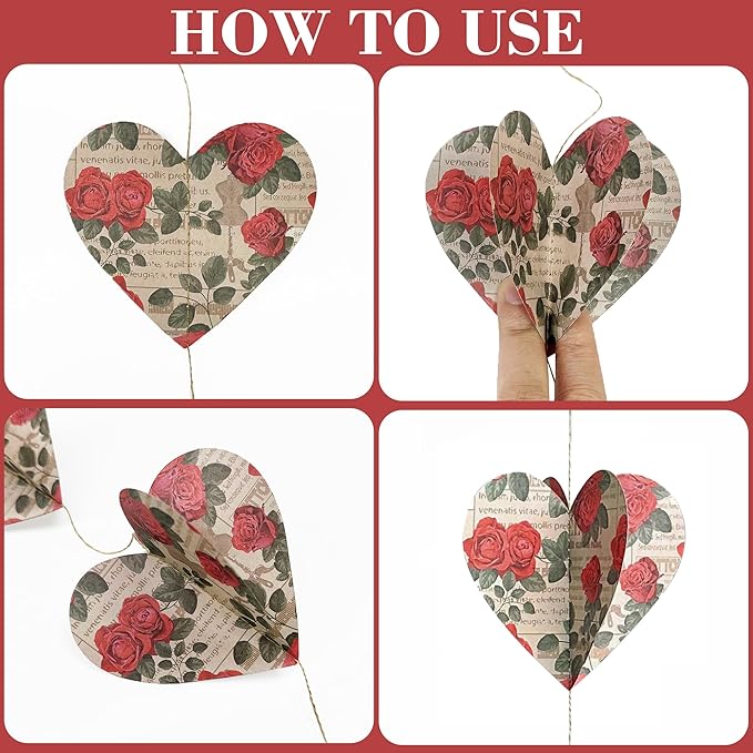 Heart Party Decorations Vintage Red Rose 3D Love Heart Newspaper Hanging Floral Recycled Book Garland Streamer Banner for Valentines Day Anniversary Birthday Wedding Engagement Holiday Party Supplies