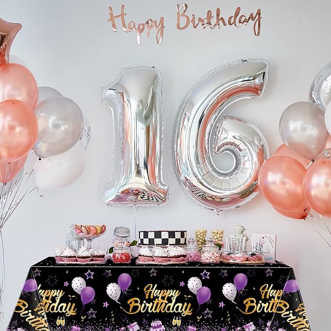 Breling Birthday Party Supplies Confetti Sprinkles Happy Birthday Tablecloths Starry Table Covers for Party Decorations, 54 x 108 Inches(Purple and Black,3 Pack)