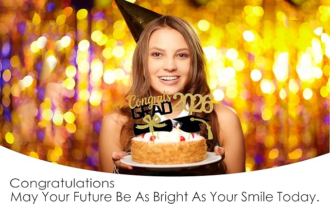 2026 Graduation Cupcake Toppers, 48 PCS Food/Appetizer Picks For Graduation Party Mini Cake Decorations, Diploma, 2026, Grad Cap Set 48 Pieces (01 Gold)
