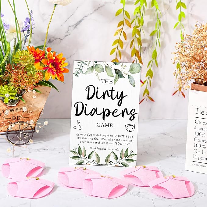 Roowest 51 Pcs Dirty Diaper Baby Shower Games Funny Wooden Sign with 50 Pcs Mini Diapers Cute Felt for Gender Reveal Party Baby Shower(Greenery Pink)