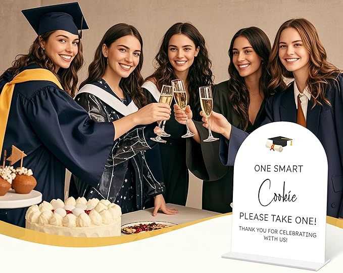 Graduation One Smart Cookie Sign, 6 x 8 Inch White Arch Acrylic Grad Party Sign with Holder, Graduation Cookie Sign, Grad Decor, High School College Party Supplies - DL05