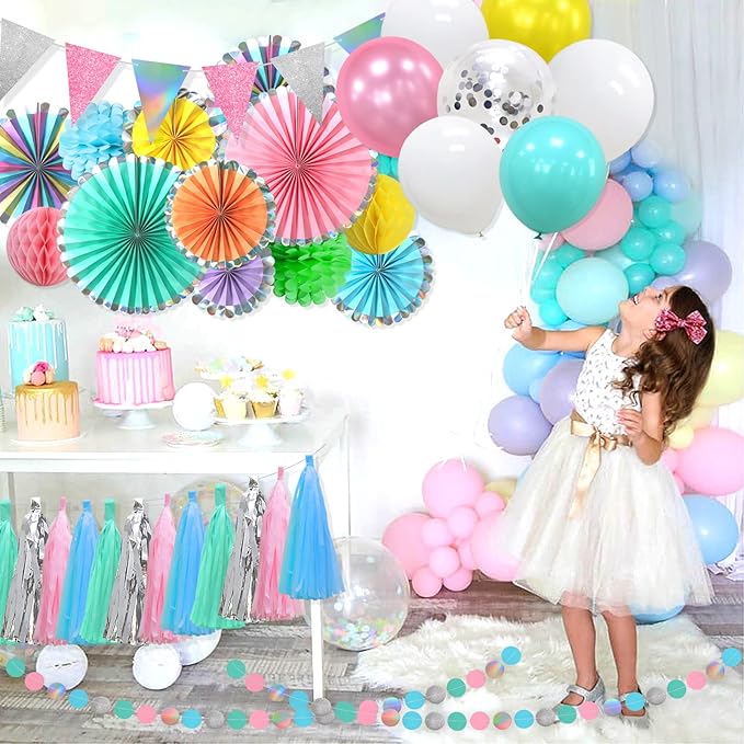 24 Pcs Hanging Paper Fans Decoration Colorful Tassel Garland Party Supplies Iridescent Glitter Banners Balloons Tissue Paper Pom Poms Flowers honeycomb for Girl Women Bridal Shower Wedding Graduation