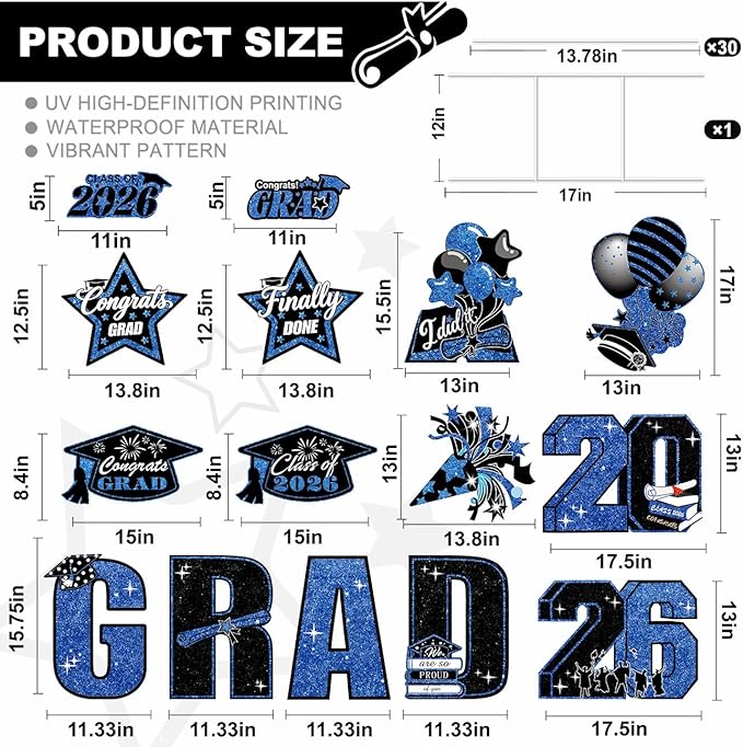 15 PCS Graduation Yard Signs Class of 2026 Decorations, 2026 Graduation Decorations - Large 4FT Tall Congrats Grad Lawn Sign Set with H-Stake & Fiberglass Rods, Waterproof Outdoor & Indoor Graduation Party Decor,Blue and Black