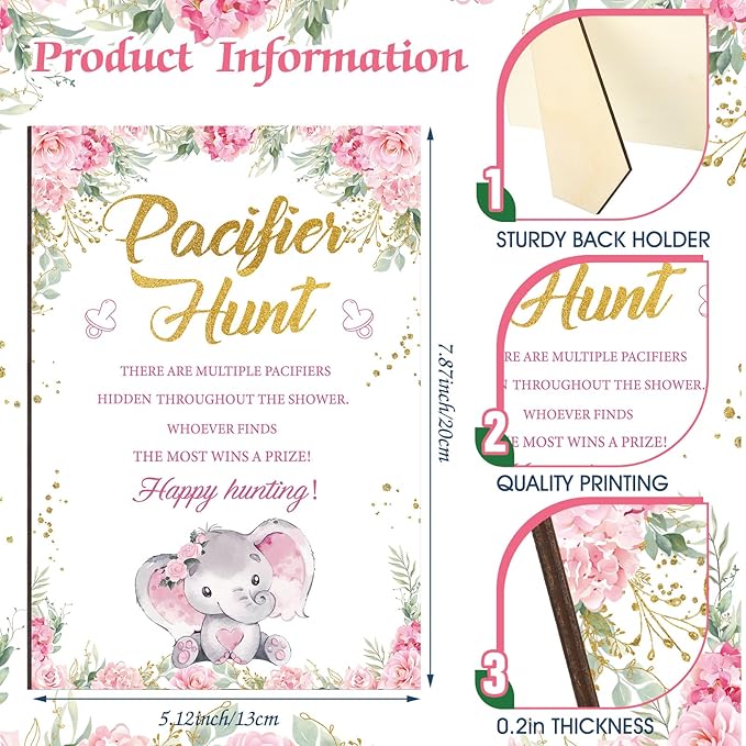 Thyle 51 Pcs Pink Elephant Pacifier Hunt Baby Shower Games Include Hunt Sign 50 Acrylic Pacifiers It's a Girl Pink Elephant Theme Baby Shower Game Decoration Gift Sets for Gender Reveal Party Decor