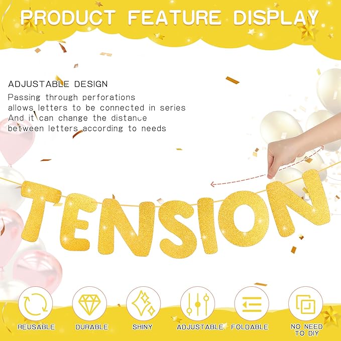 Retirement Banner Pre-Strung GOODBYE TENSION HELLO PENSION Banner Glitter Retirement Party Supplies Decorations for Women Men Office Home Decor (Gold)