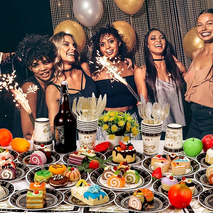 Atonofun Happy New Year Party Supplies, Party Plates, Cups, Napkins and Cutlery, New Year Party Decorations for New Years Eve Party Serves 24