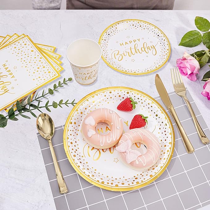 175PCS Happy Birthday Plates and Napkins Party Supplies, Gold Dot Paper Plates and Napkins with Gold Plastic Forks Knives Spoons Serve 25 Guests for Birthday Party Decorations