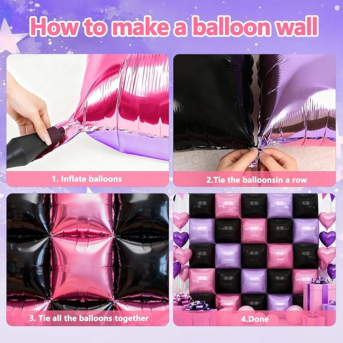 Pink and Purple Black Square Foil Balloons Wall, 19'' Reusable DIY Mylar Double Balloons Garland Tunnel Arch Kit for Baby Shower Anniversary Bachelorette Birthday Engagement Bridal Decor ﻿