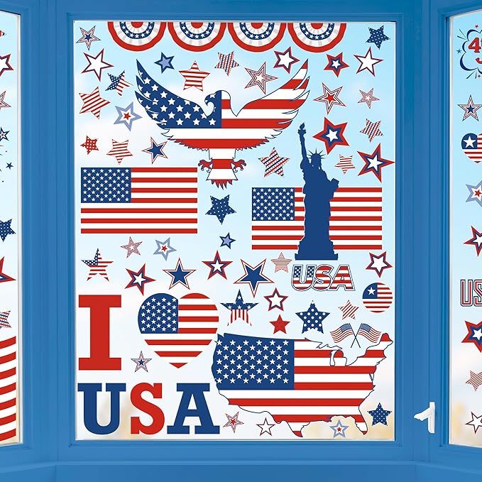 152 Pcs 4th of July Window Clings, 9 Sheets Patriotic Window Clings Decals, Watercolor Double-Sided American Flag Stars Firework Window Stickers for Independence Day Parade Veterans Memorial Day Decor