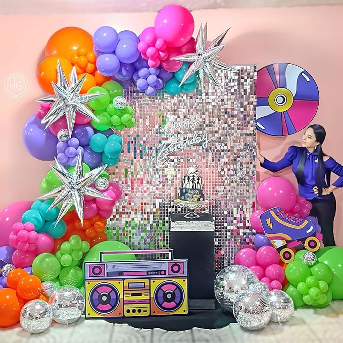 90s 80s Disco Theme Party Decorations, 151Pcs Balloon Arch Kit with Disco Ball, Retro Glasses, Musical Note, Guitar & Star Foil Balloons for Back to 80s 90s disco Birthday party