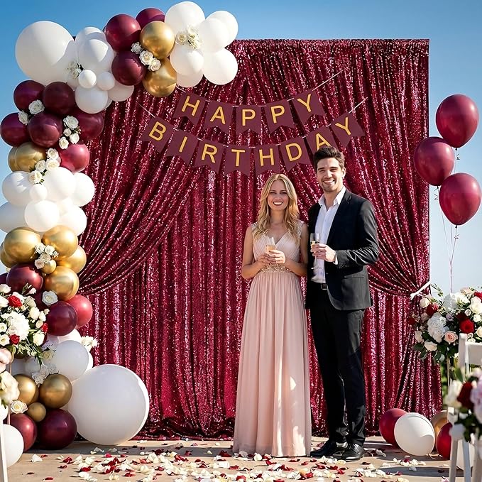 Glitter Sequin Backdrop 2 Panels 3x8FT Burgundy Red Wedding Photo Background Curtains for Birthday Party Decorations