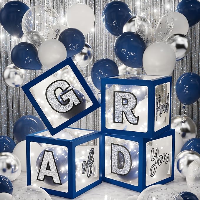 Graduation Party Decoration Class of 2026, 86PCS Blue & Silver Graduation Party Supplies High School College Grad Balloon Boxes with Letter, Foil Curtain, LED String Light, Balloon Garland Kit