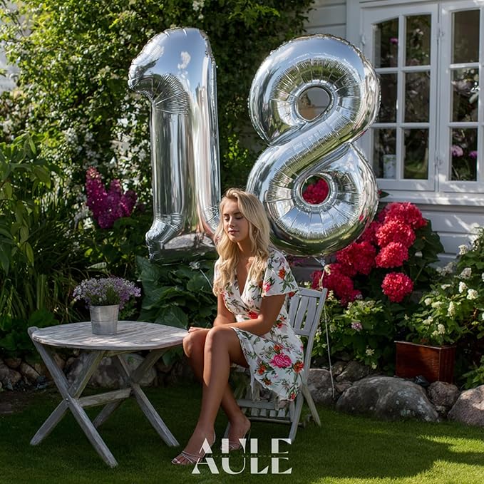 AULE 40 Inch Big Silver 8 Balloon Number Large Foil Helium Number Balloons 0-9 Jumbo Giant Happy 8th Birthday Party Decorations for Boy or Girl Huge Mylar Anniversary Party Supplies