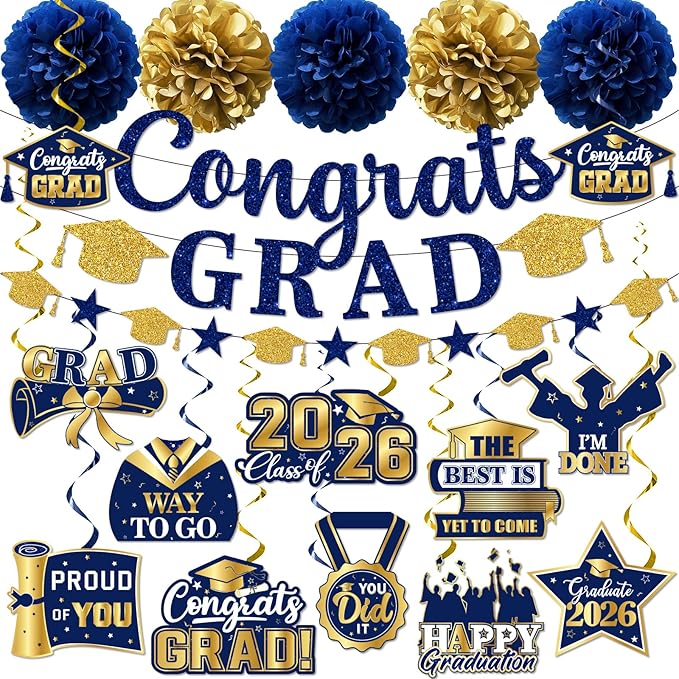 Navy Blue Graduation Decorations, Glitter Congrats Grad Banner Hanging Swirls and Tissue Pom Poms, Navy Blue and Gold Graduation Decorations for Class of 2026 College Graduations Party Decorations