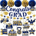Navy Blue Graduation Decorations, Glitter Congrats Grad Banner Hanging Swirls and Tissue Pom Poms, Navy Blue and Gold Graduation Decorations for Class of 2026 College Graduations Party Decorations