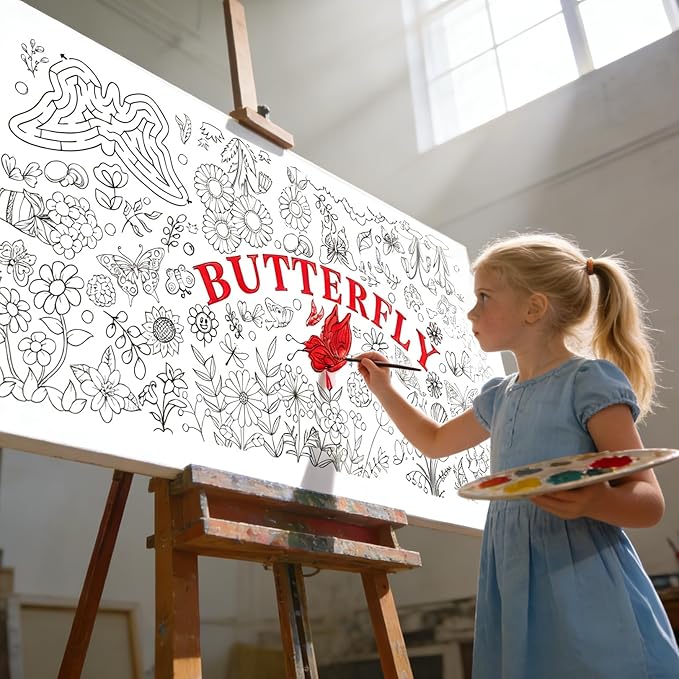 Butterfly Coloring Poster, 31 x 72 Inch Giant Flower Garden Theme Paper Coloring Tablecloth, Nature Spring Coloring Activity Table Cover, Holiday Arts Crafts Party Table Decor Supplies
