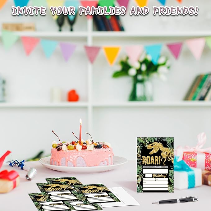 Gold Dinosaur Birthday Party Invitations, 20-Count Jungle Birthday Party Invites With Envelopes-HBYQK-B44