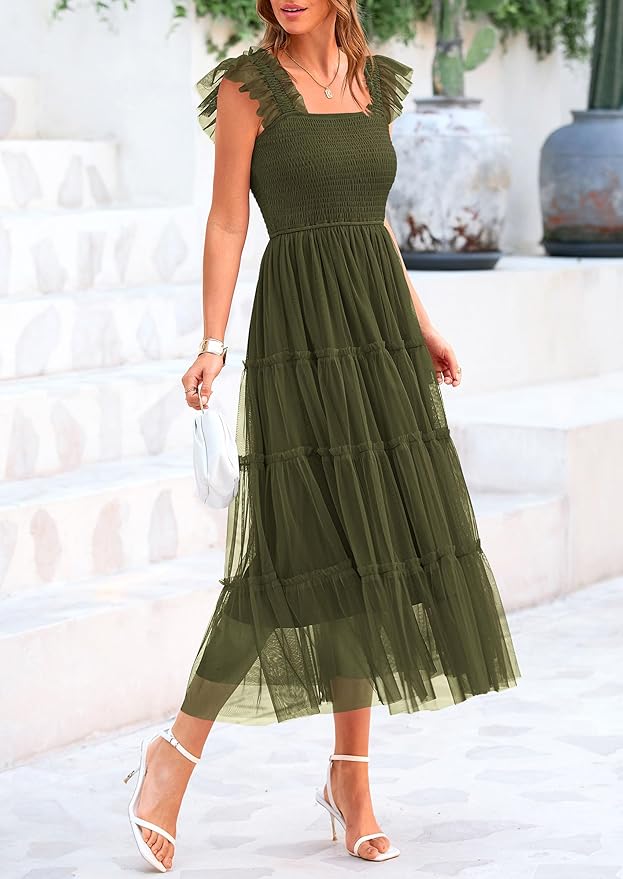 PRETTYGARDEN Women's Summer Tulle Midi Dress Sleeveless Smocked Ruffle Flowy Mesh Dresses Party Wedding Guest Sundress