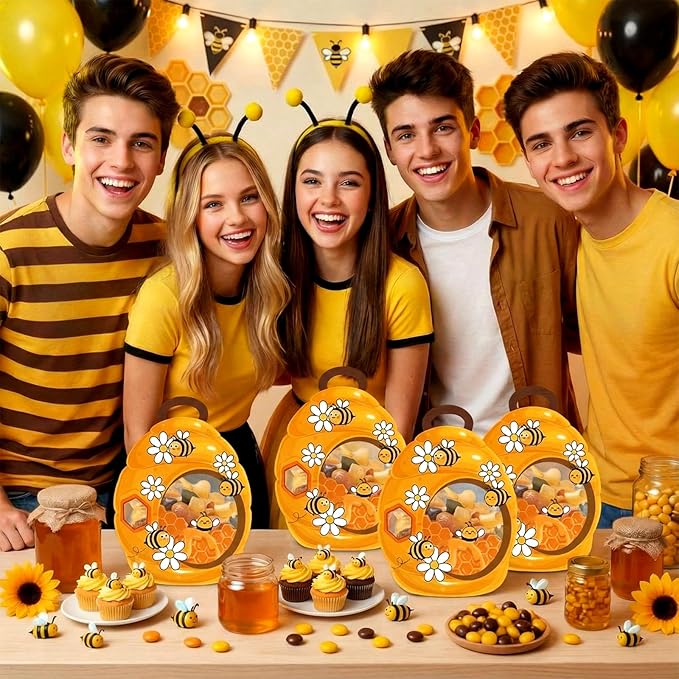 ReliThick 50 Pcs Bee Gift Bags with Handles, Sealed Plastic Honeycomb Bee Party Favors Bags Bulk Daisy Honey Goodie Candy Treat Pouch for Snack Spring Summer Birthday Baby Shower Decor Supply