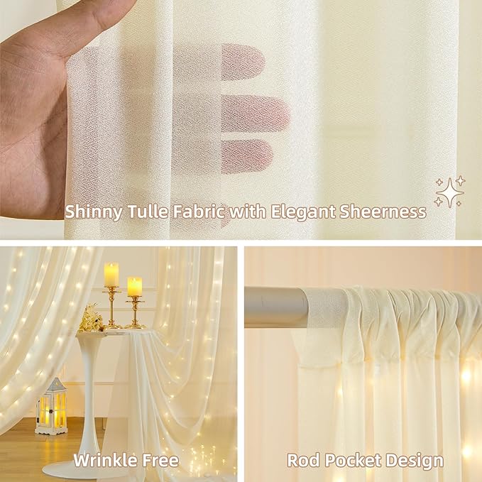 10x10FT Beige Wrinkle Free Backdrop Curtains with Lights String for Parties - Photo Curtain Backdrop with Lights for Wedding Decorations, Bridal Baby Shower Birthday Party Photography Background