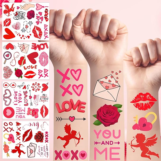Valentine Temporary Tattoos Valentine Decorations Party Favors Love Kiss Heart Rose Lips Rose Party Supplies Accessories Gift Idea For Couple Stickers Décor Kids Boy Girls Teens Adult