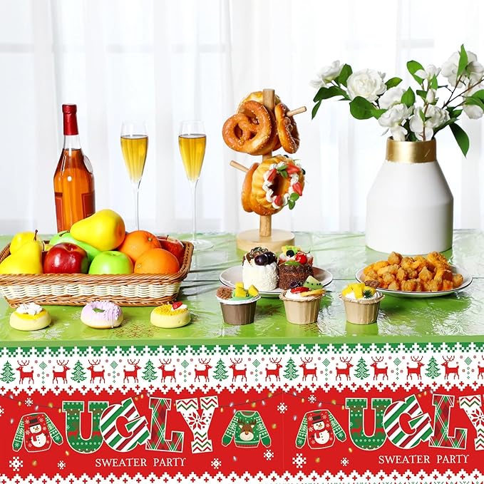3 Pack Christmas Ugly Sweater Tablecloths Decoration Plastic Sweater Xmas Party Table Covers Merry Christmas Ugly Clothes Party Supplies for Xmas Winter Holiday Birthday Party Decor, 54 x 108 Inch