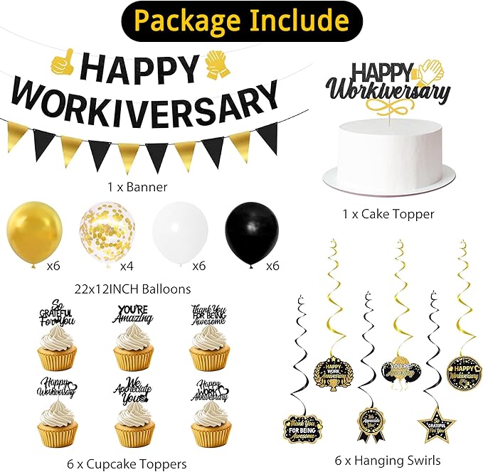 Roetyce Work Anniversary Party Decorations, Black Gold Happy Workiversary Banner Cake Topper Balloons Hanging Swirls, Work Anniversary Backdrop Background for Employee Coworker Office Party Supplies