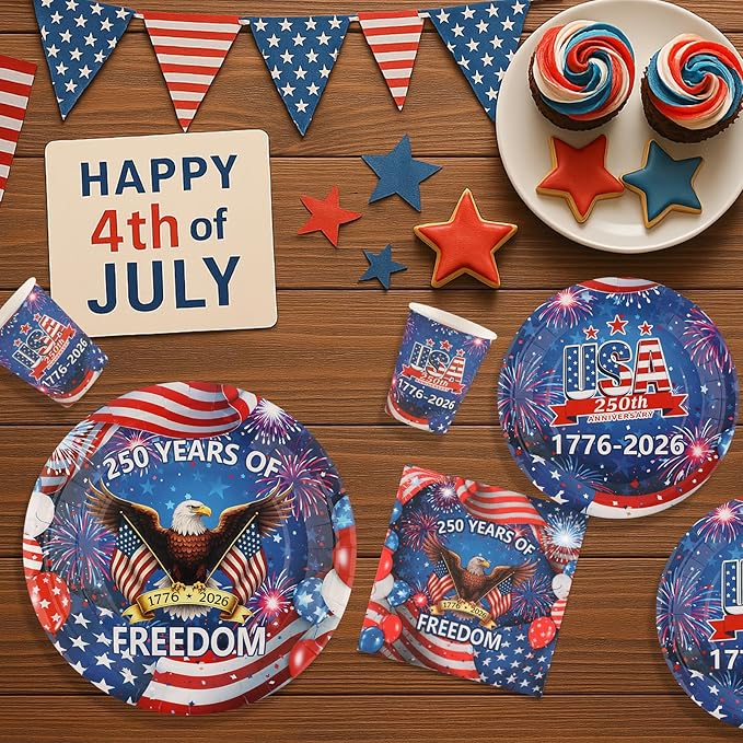 Probsin 250th Anniversary Plates and Napkins Set for 24-Disposable Paper Plates, Napkins, Cups, 250 Years of Freedom 1776-2026 American Eagle Patriotic Party Supplies for Outdoor Picnic