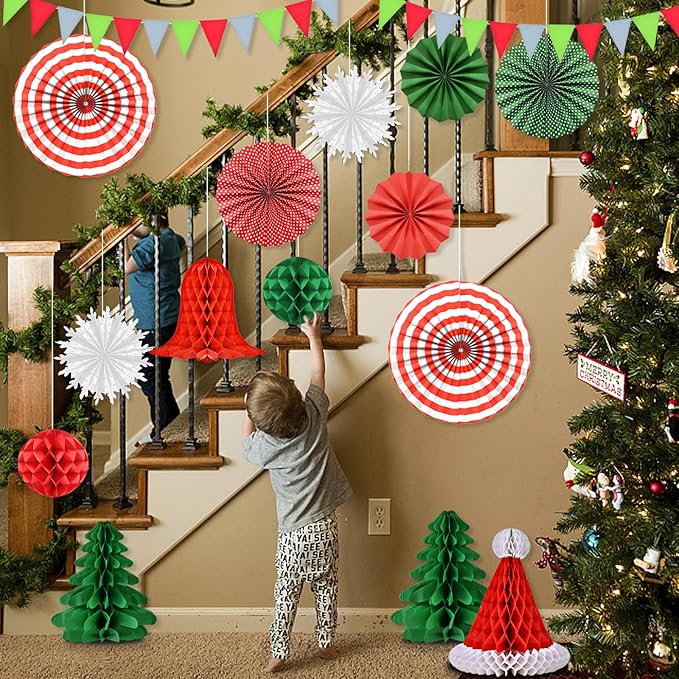 Ahfulife Christmas Party Decorations Supplies Set, Reusable Xmas Decor Kit Indoor - Merry Christmas Sign Banner for Home, Xmas Pennant Banner, Hanging Paper Tissue Fan Tree Garland