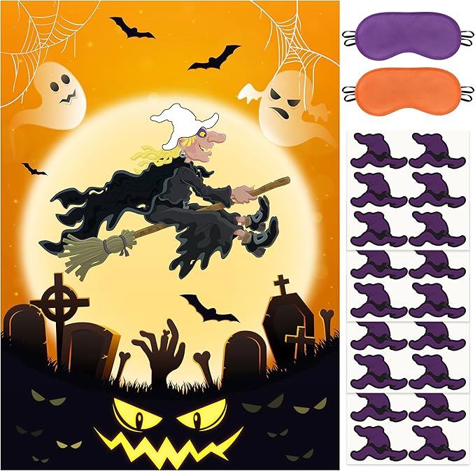 Halloween Pin The Hat on The Witch Party Games Poster with 24 Stickers Fun Hocus Pocus Entertaining Activities Holiday Carnival Celebrations Birthday Party Decorations Supplies Wall Decor for Kids