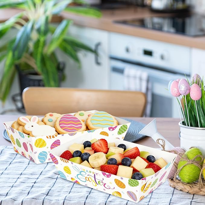 100 Pcs Easter Food Trays, Happy Easter Decor Serving Trays, 2 Style Disposable Paper Spring Decor, Large Multicolor Egg Decoration for Party Table Supplies for Snack Food, 5.94 X 3.34 X 2.16 Inches