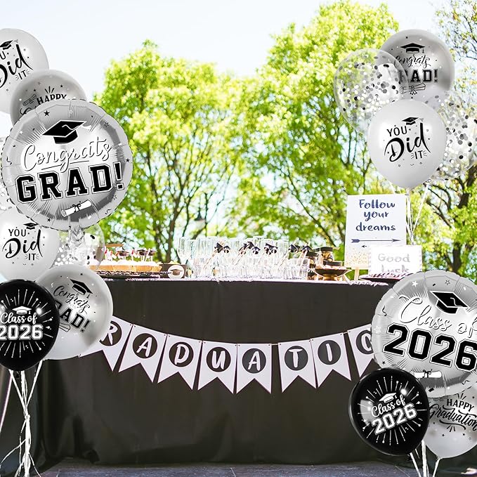 Black and Silver Graduation Balloons Graduation Decorations 2026, 51Pcs Grad Latex Balloons and Grad Foil Balloon with Confetti Ribbons Grad Party Decorations for College High School